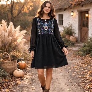Xhilaration Black Swiss Dot Embroidered Babydoll Mini Dress M
